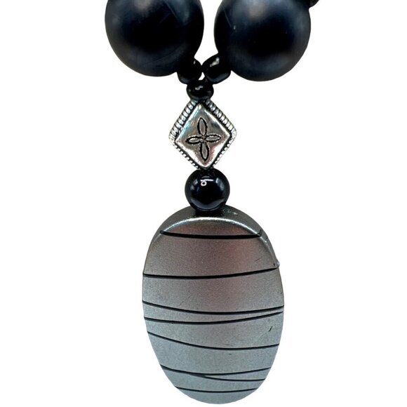 Double-Strand Beaded Necklace With Black & Silver Pendant.  B94 - Picture 3 of 10